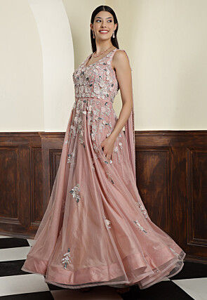 Hand Embroidered Net Gown with Attached Dupatta in Pink