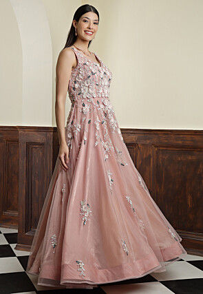 Hand Embroidered Net Gown with Attached Dupatta in Pink