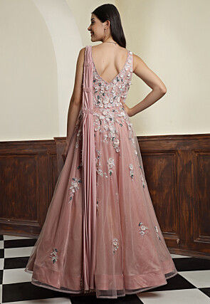 Hand Embroidered Net Gown with Attached Dupatta in Pink