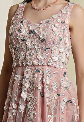 Hand Embroidered Net Gown with Attached Dupatta in Pink