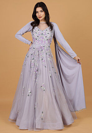 Hand Embroidered Net Gown with Attached Dupatta in Purple