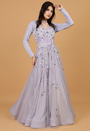 Hand Embroidered Net Gown with Attached Dupatta in Purple