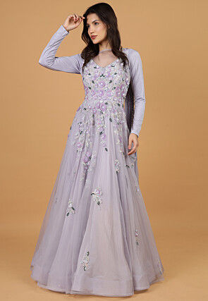 Hand Embroidered Net Gown with Attached Dupatta in Purple