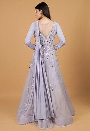 Hand Embroidered Net Gown with Attached Dupatta in Purple