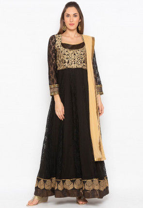 Hand Embroidered Net Jacquard Abaya Style Suit in Black