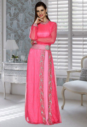 Hand Embroidered Net Layered Abaya in Pink