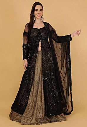 Hand Embroidered Net Lehenga in Antique Golden