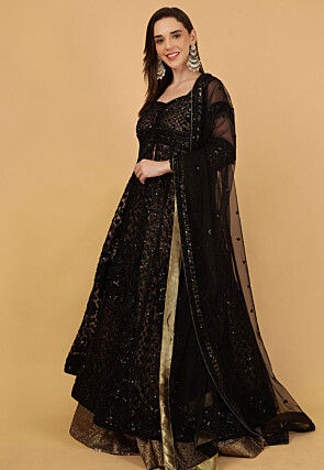 Hand Embroidered Net Lehenga in Antique Golden