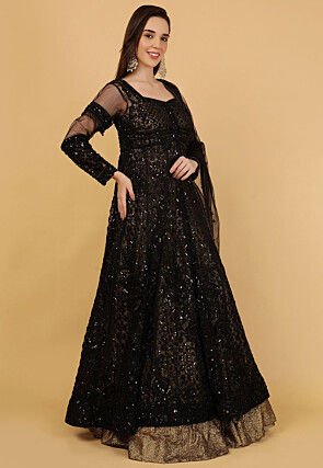 Hand Embroidered Net Lehenga in Antique Golden