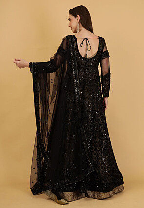 Hand Embroidered Net Lehenga in Antique Golden