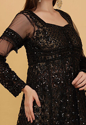 Hand Embroidered Net Lehenga in Antique Golden