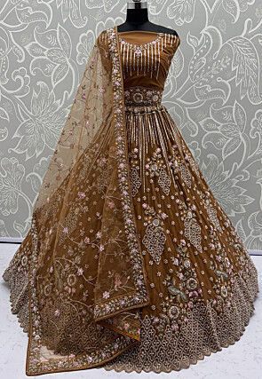 Hand Embroidered Net Lehenga in Brown