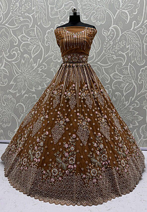 Hand Embroidered Net Lehenga in Brown