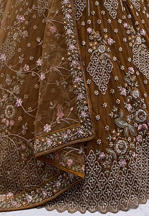 Hand Embroidered Net Lehenga in Brown