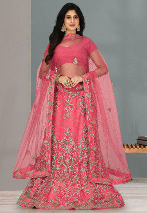 Hand Embroidered Net Lehenga in Coral Pink