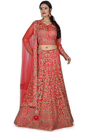Hand Embroidered Net Lehenga in Coral Red