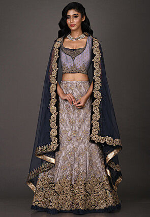 Hand Embroidered Net Lehenga in Grey
