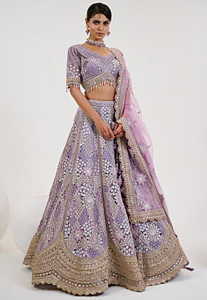 Hand Embroidered Net Lehenga in Light Purple
