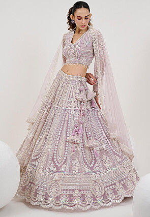 Hand Embroidered Net Lehenga in Light Purple