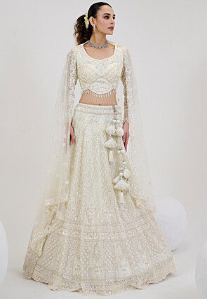 Hand Embroidered Net Lehenga in Off White