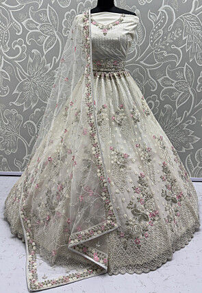 Hand Embroidered Net Lehenga in Off White
