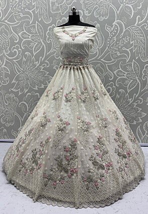 Hand Embroidered Net Lehenga in Off White