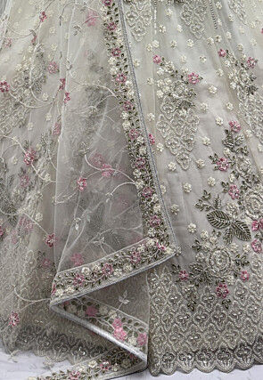 Hand Embroidered Net Lehenga in Off White
