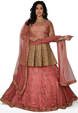 Hand Embroidered Net Lehenga in Old Rose