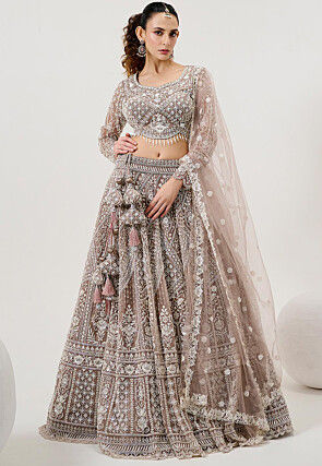 Hand Embroidered Net Lehenga in Old Rose