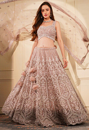 Hand Embroidered Net Lehenga in Old Rose