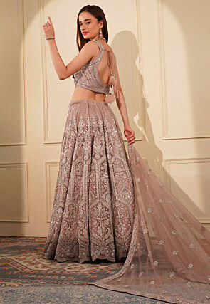 Hand Embroidered Net Lehenga in Old Rose