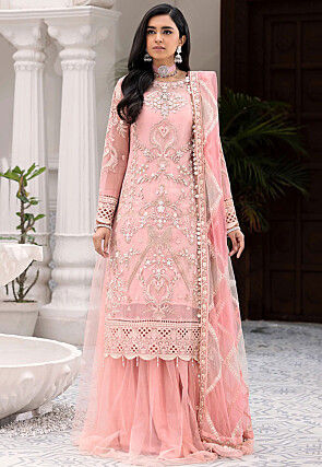 Hand Embroidered Net Lehenga in Peach