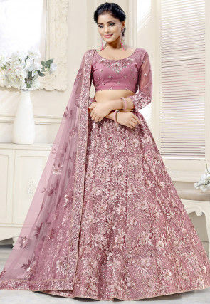 Hand Embroidered Net Lehenga in Pink