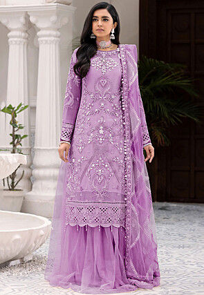 Hand Embroidered Net Lehenga in Purple