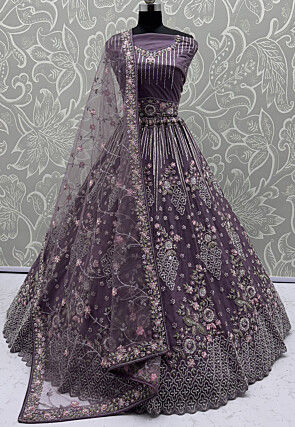 Hand Embroidered Net Lehenga in Purple