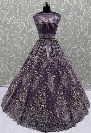 Hand Embroidered Net Lehenga in Purple