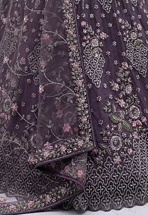 Hand Embroidered Net Lehenga in Purple