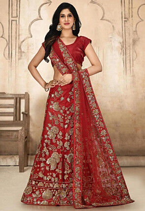 Hand Embroidered Net Lehenga in Red