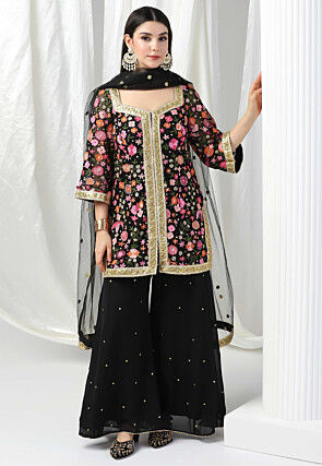 Hand Embroidered Net Pakistani Suit in Black