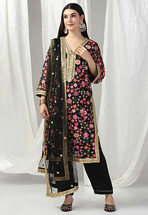 Hand Embroidered Net Pakistani Suit in Black