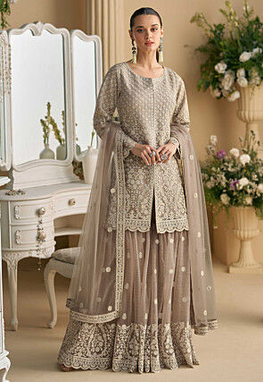 Hand Embroidered Net Pakistani Suit in Fawn