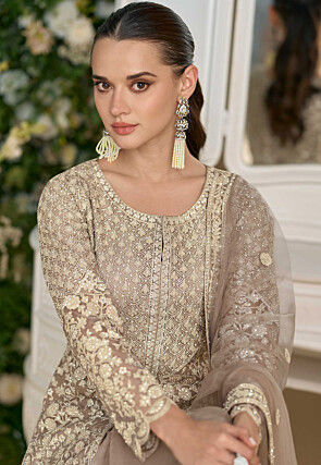 Hand Embroidered Net Pakistani Suit in Fawn
