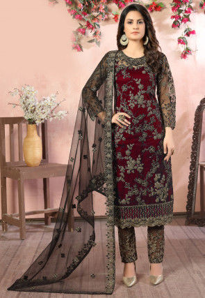 Hand Embroidered Net Pakistani Suit in Maroon