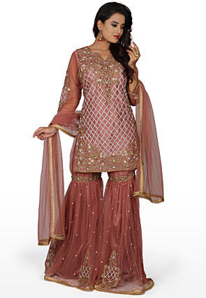 Hand Embroidered Net Pakistani Suit in Old Rose