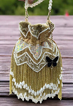 Hand Embroidered Net Potli in Golden