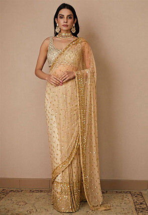 Hand Embroidered Net Saree in Dark Beige