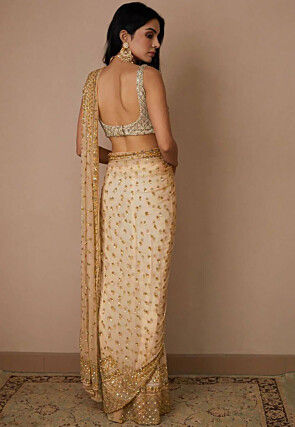 Hand Embroidered Net Saree in Dark Beige