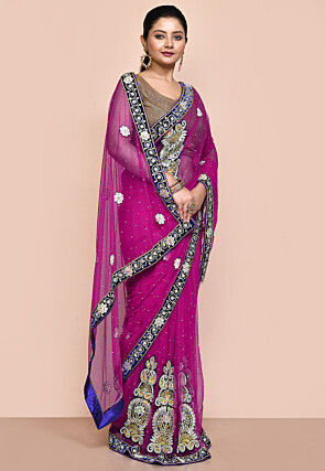 Hand Embroidered Net Saree in Magenta