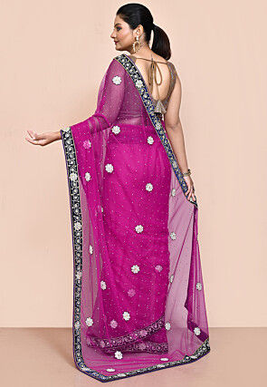 Hand Embroidered Net Saree in Magenta