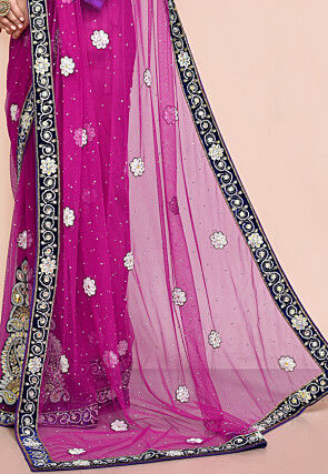 Hand Embroidered Net Saree in Magenta